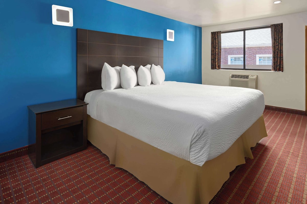 Une chambre d’hôtel avec un grand lit, une table de chevet, une fenêtre avec des stores et un tapis rouge à motifs.