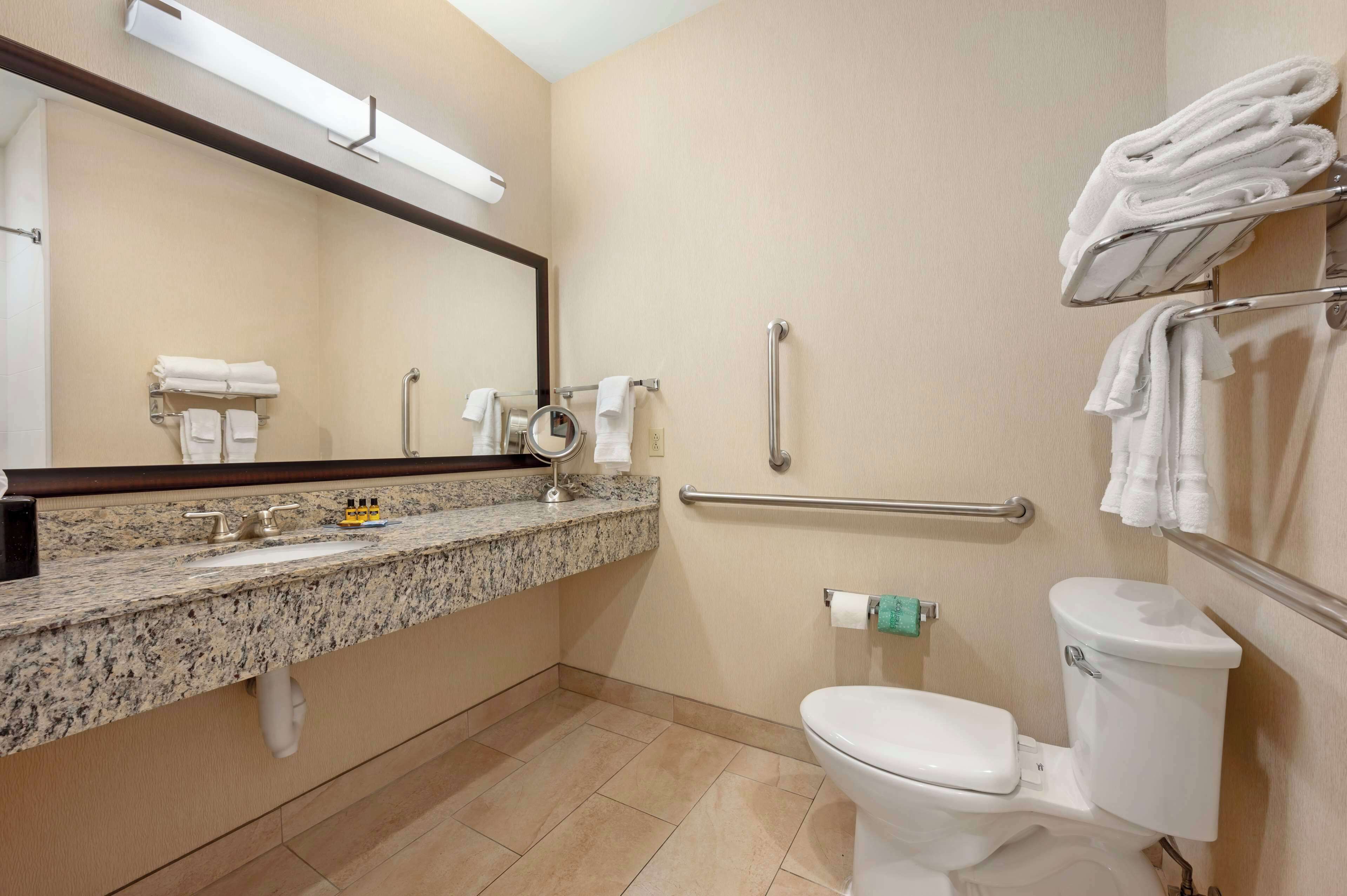 A bathroom with a granite countertop, a sink, a mirror, a toilet, and a towel rack.