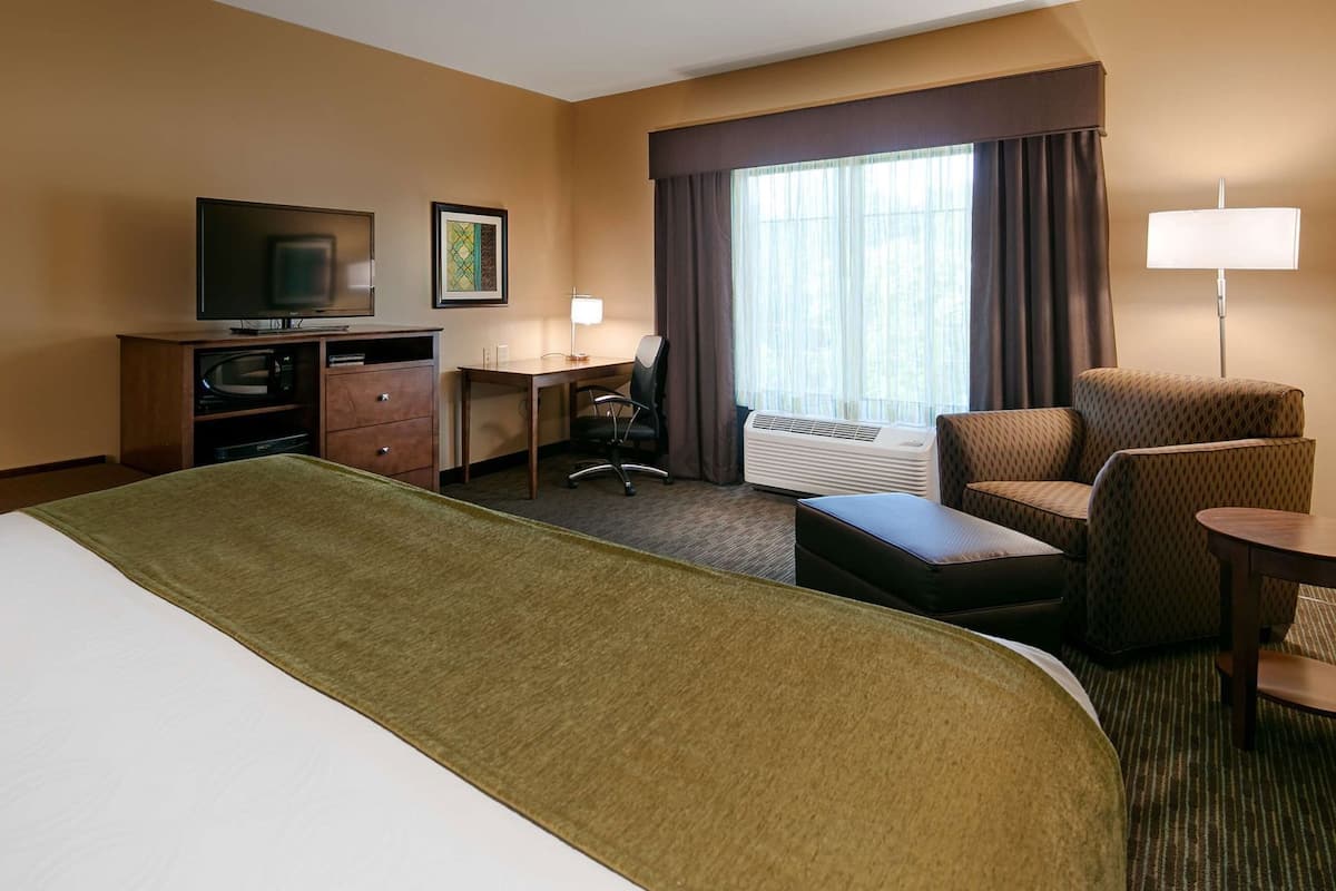 A hotel room with a bed, a desk, a chair, a television, a lamp, and a window with curtains.
