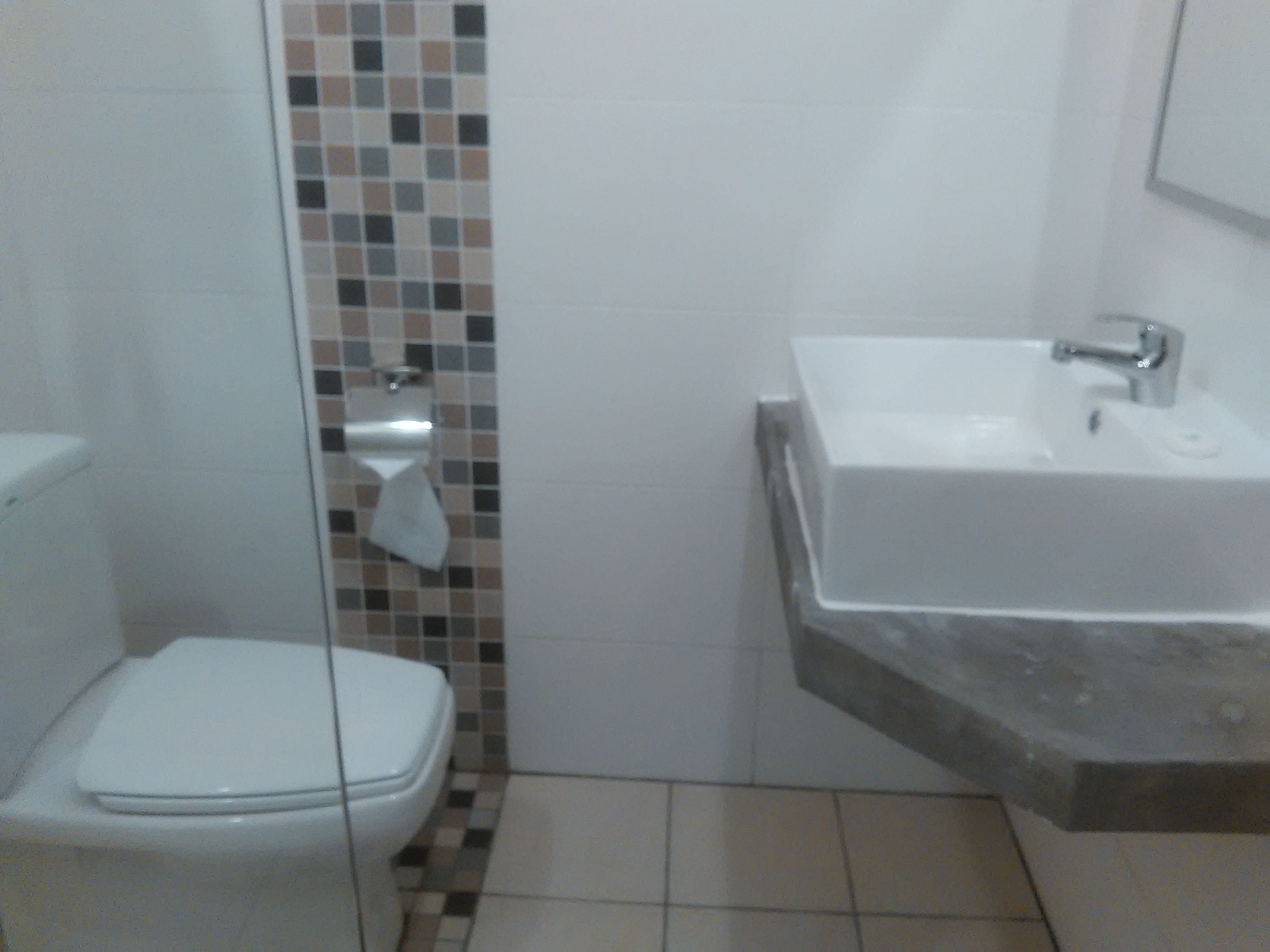 A bathroom with a toilet, a sink, and a tiled wall.