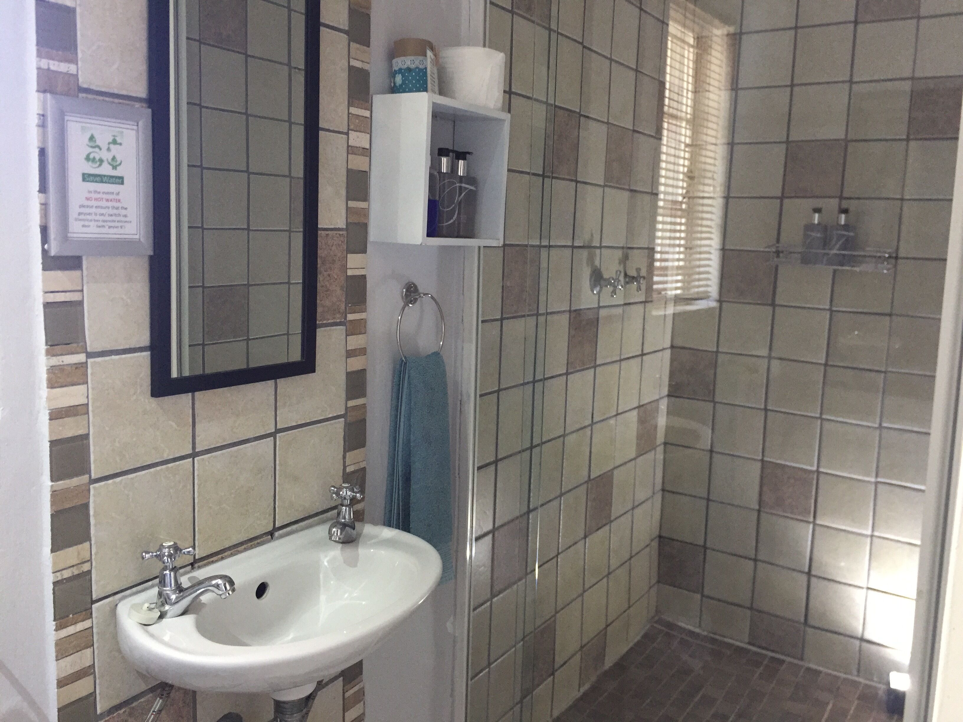 Une salle de bain avec un lavabo, un miroir et une douche.