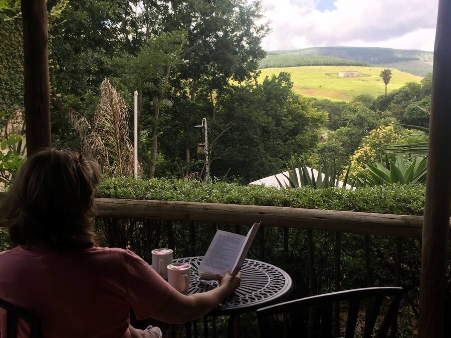Una persona leyendo en una mesa con vistas a un paisaje verde.