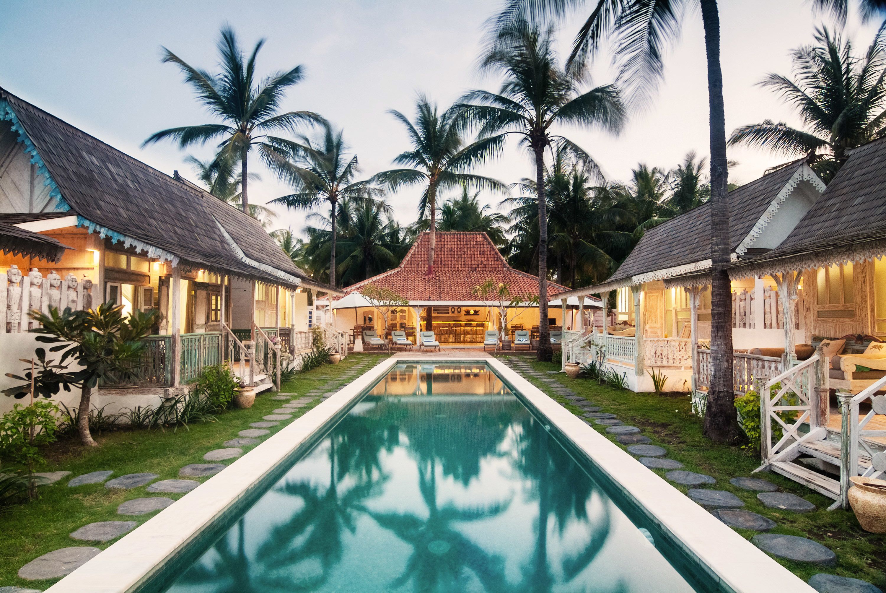 Outdoor pool, pool umbrellas, pool loungers