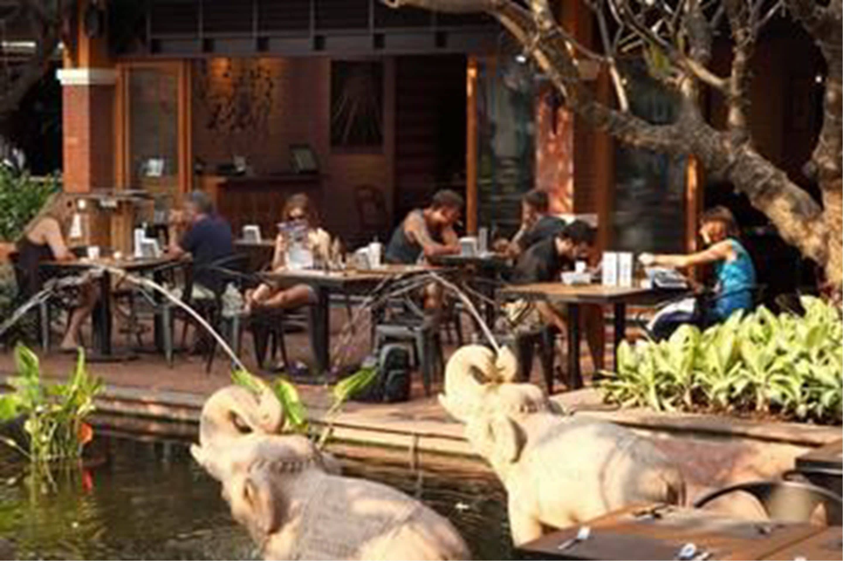 A restaurant with outdoor seating, a small pond with decorative elements, and a tree providing shade.