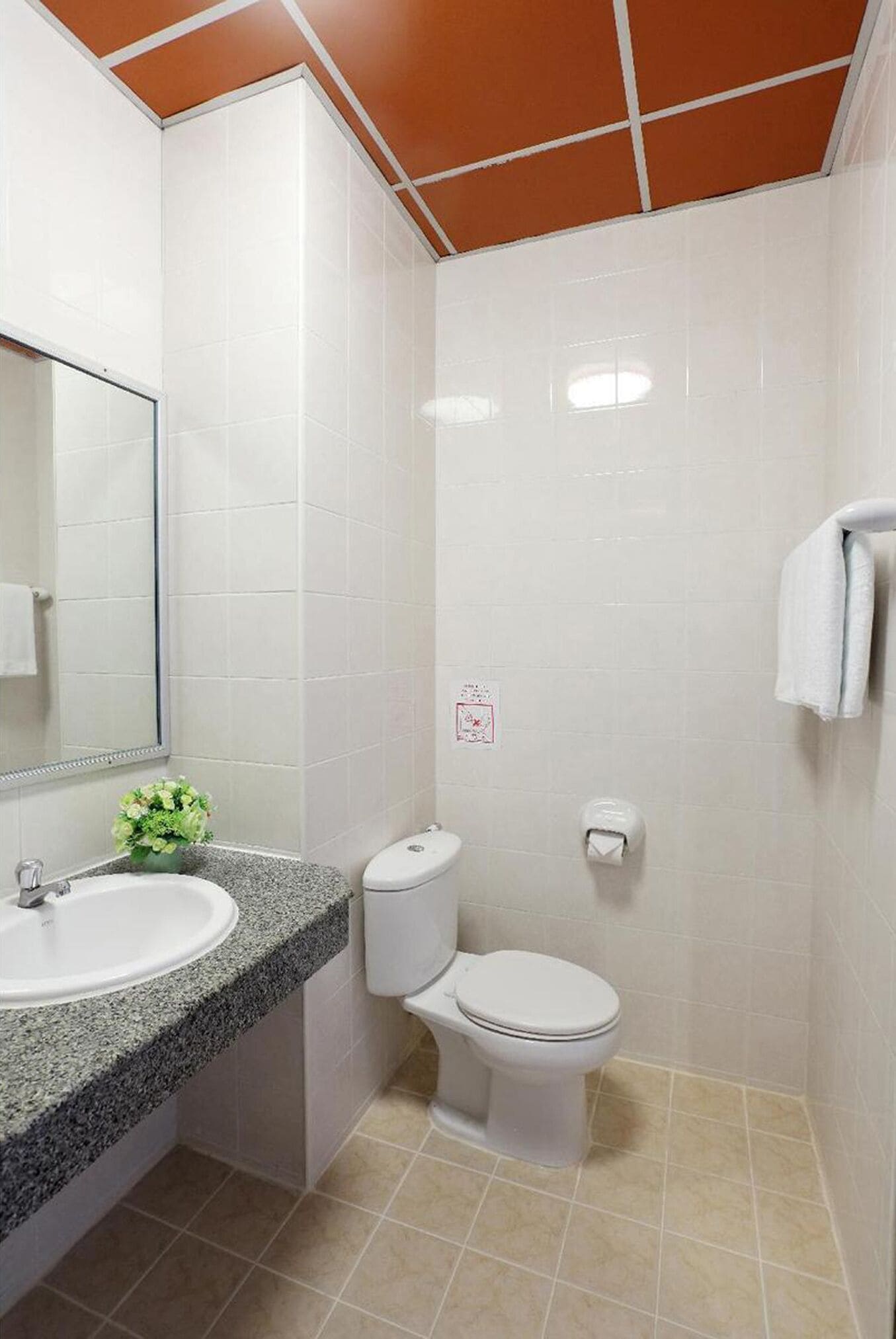 A bathroom with a white sink, toilet, and mirror.