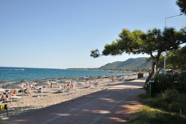 A beach with umbrellas and people, a paved walkway, and a tree.