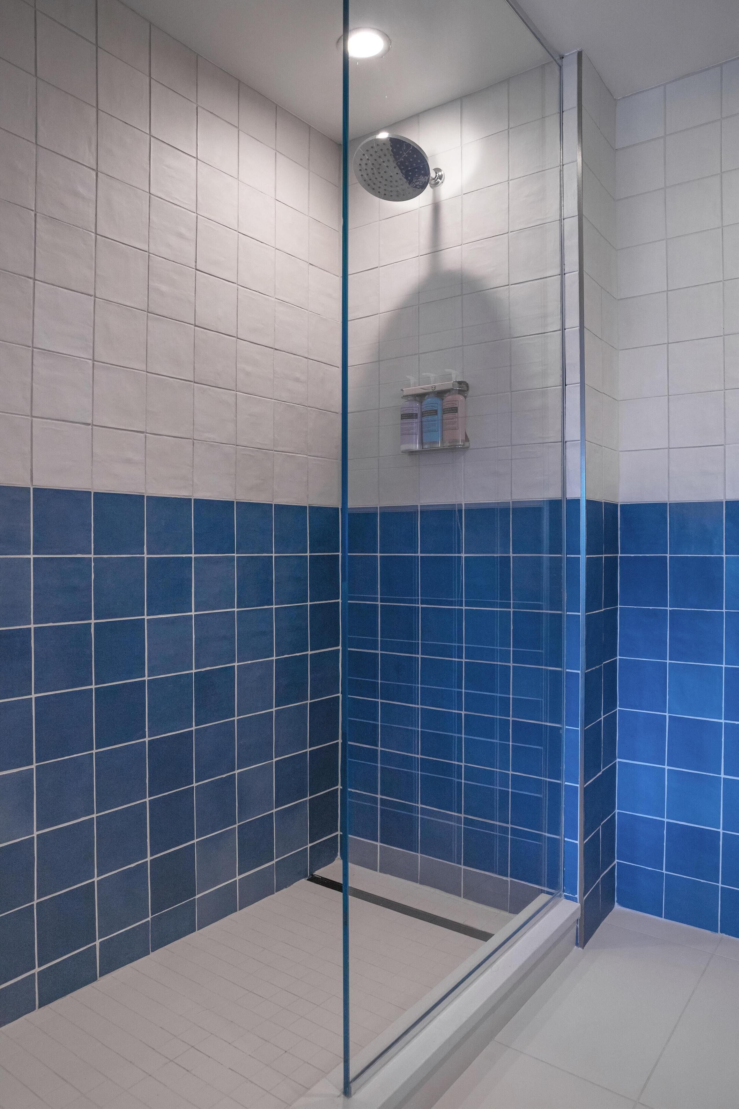 Une salle de bain avec des carreaux blancs et bleus, une douche en verre et une petite étagère contenant des articles de toilette.