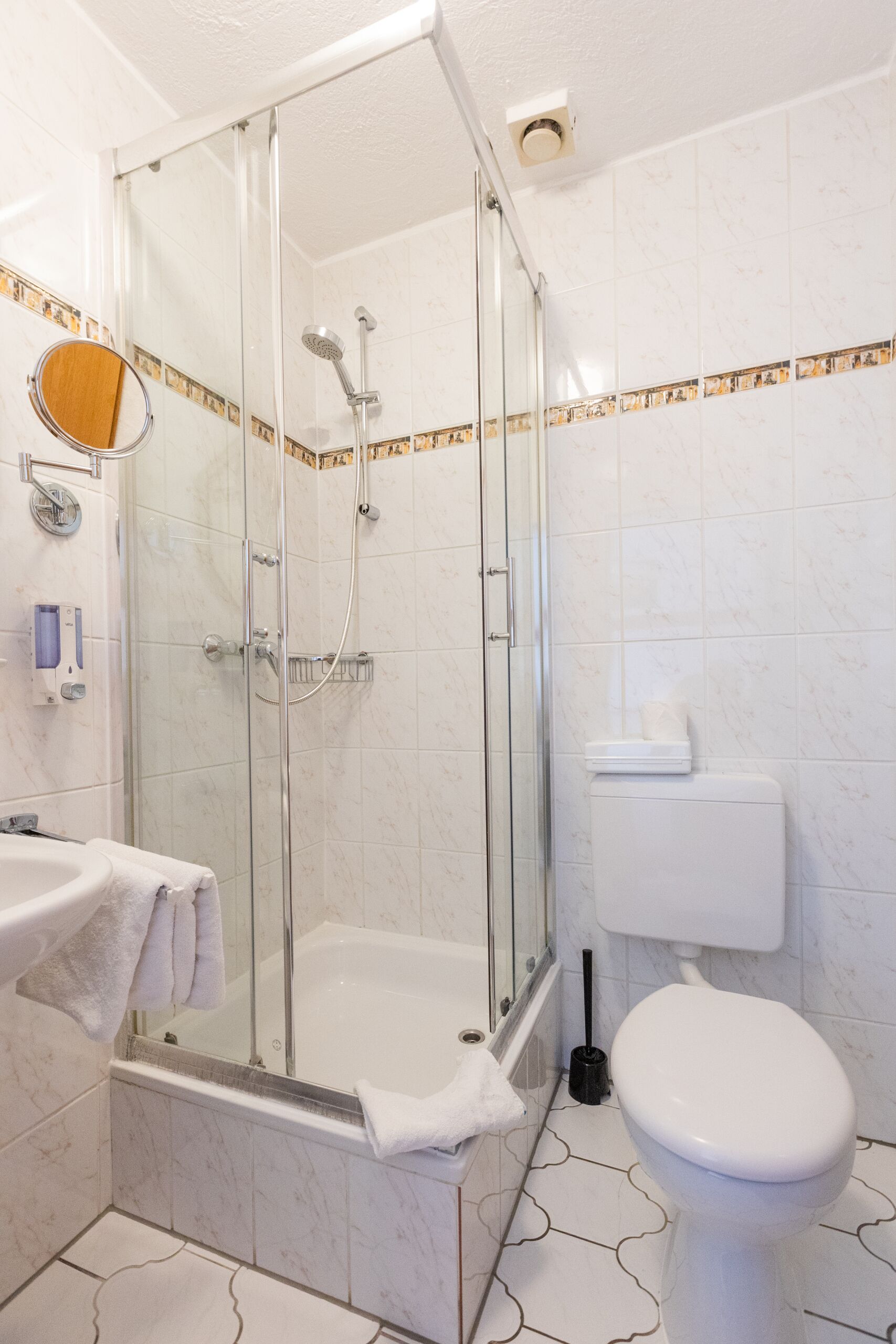 A modern bathroom with a glass-enclosed shower, a white toilet, and a sink with a mirror.