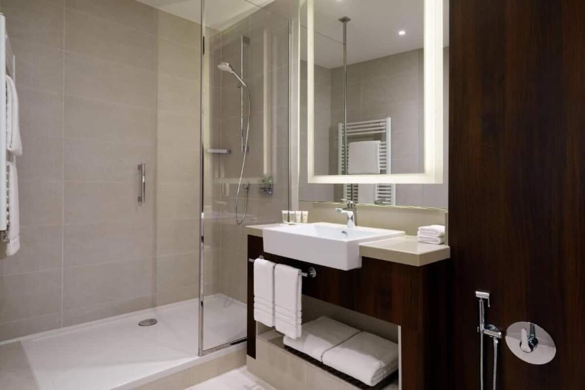 shower, rainfall showerhead, free toiletries, hair dryer