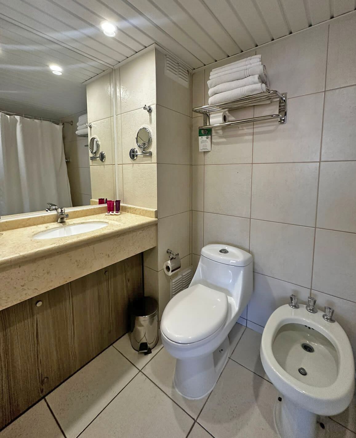 A bathroom with a sink, toilet, bidet, and a towel rack.
