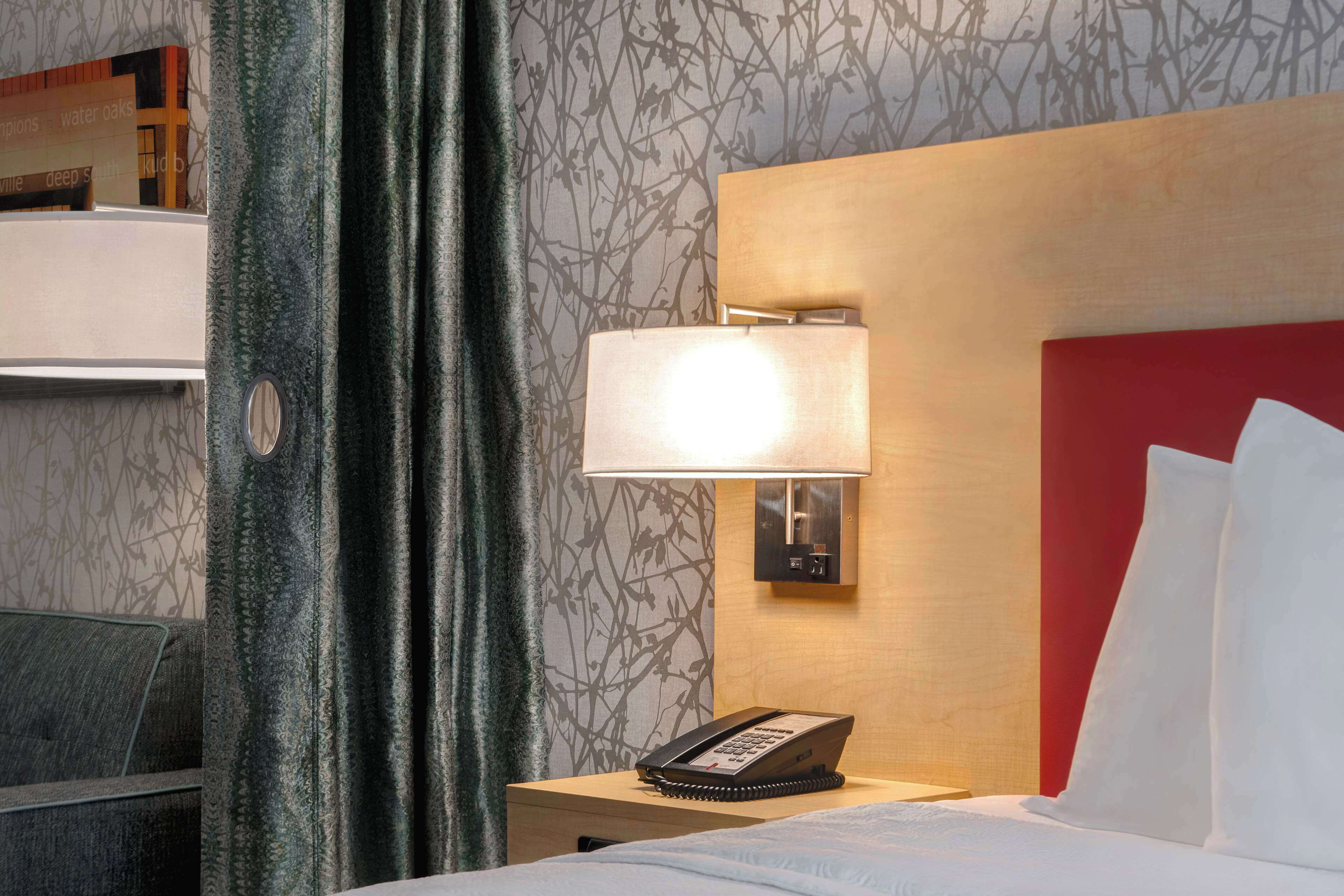 desk, laptop workspace, blackout curtains, iron/ironing board