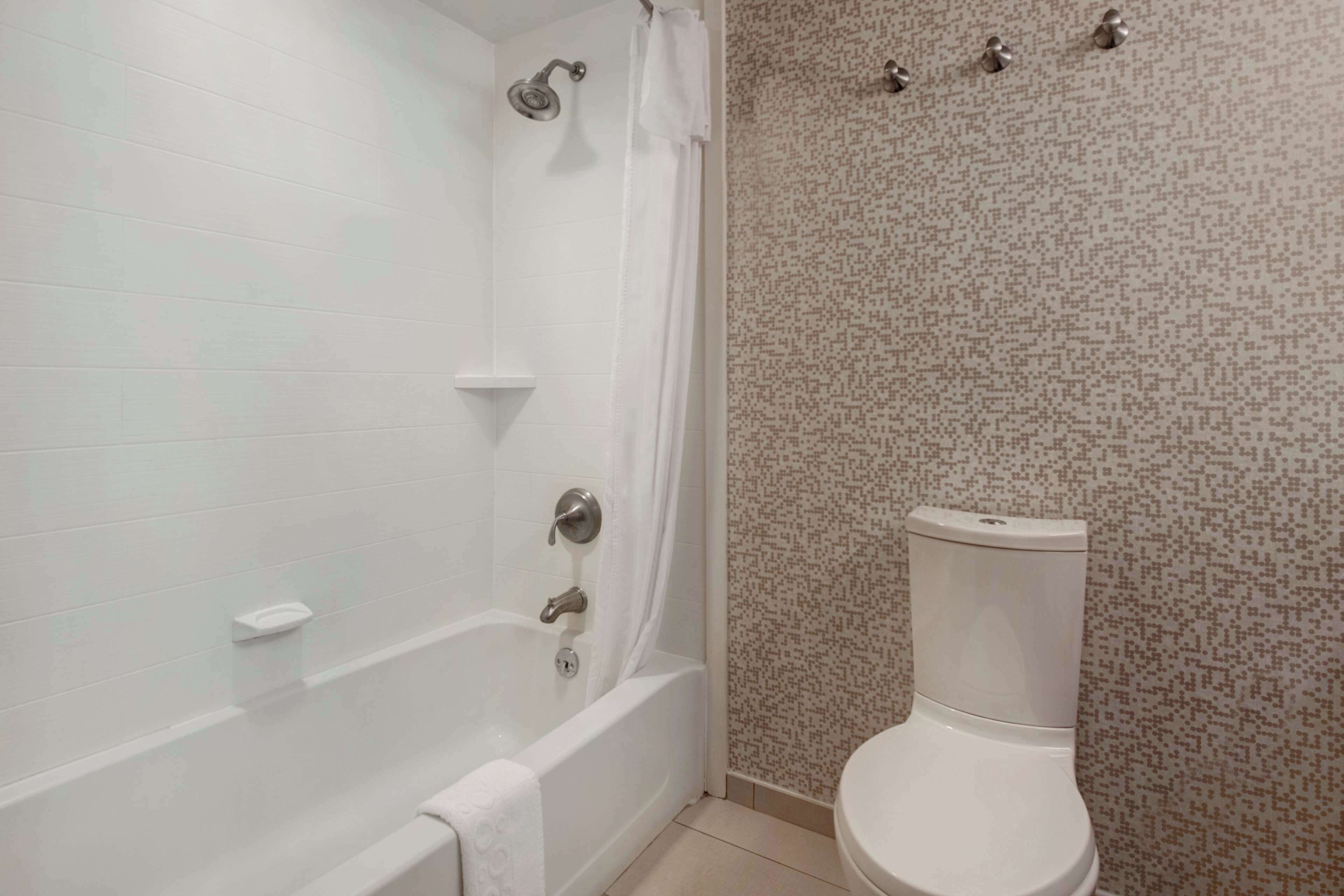 combined shower/bathtub, free toiletries, hair dryer, towels