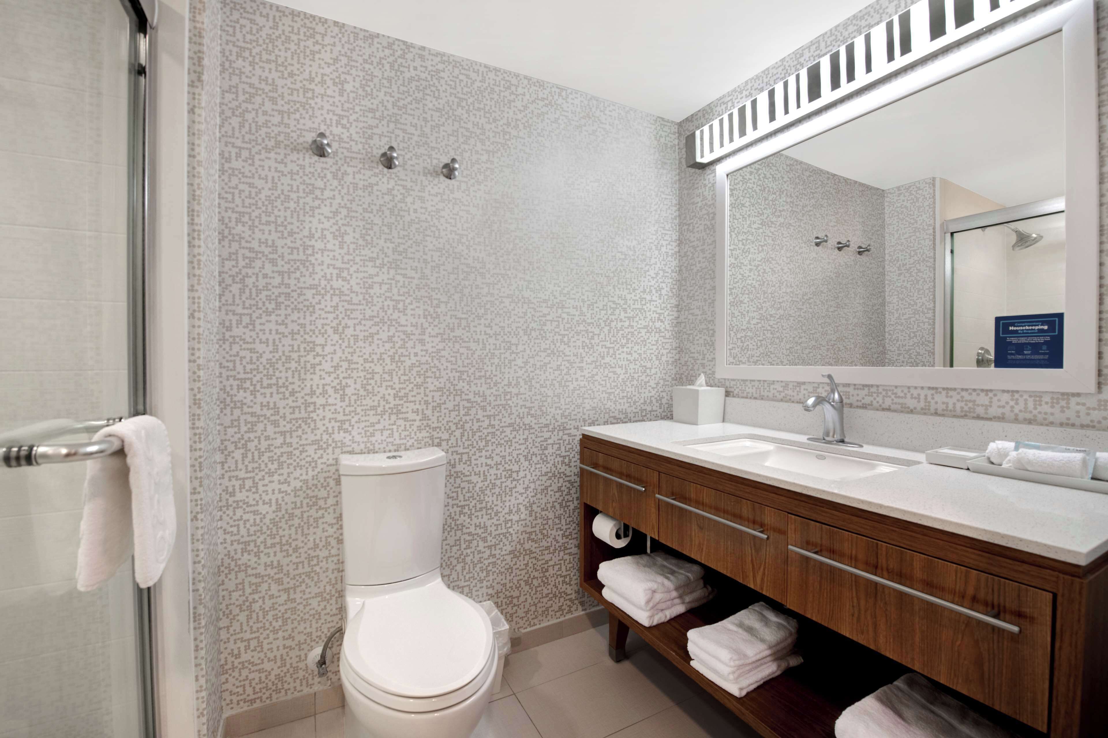 combined shower/bathtub, free toiletries, hair dryer, towels