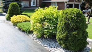 A two-story house with a brick exterior, a front porch, and a garage. There are well-maintained hedges and a lawn in the front yard. - Tucked Inn the Harbour Bed & Breakfast (Tay)