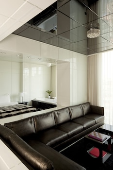 Minibar, in-room safe, desk, laptop workspace at The Standard High Line