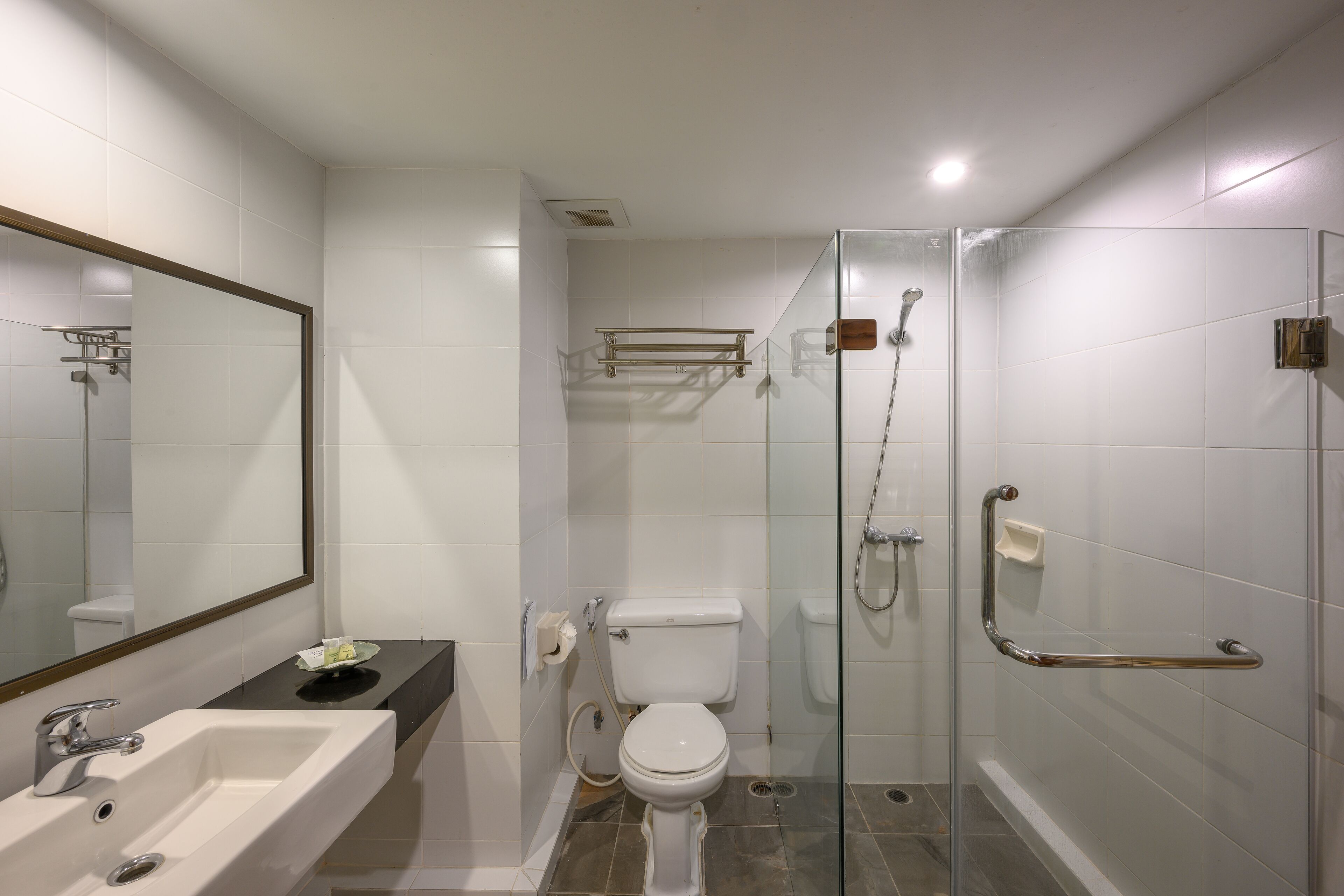 A modern bathroom with a glass-enclosed shower, a white sink, and a toilet.