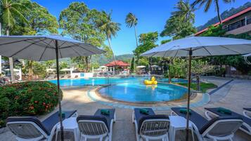 2 outdoor pools, open 10:00 AM to 8:00 PM, pool umbrellas, pool loungers