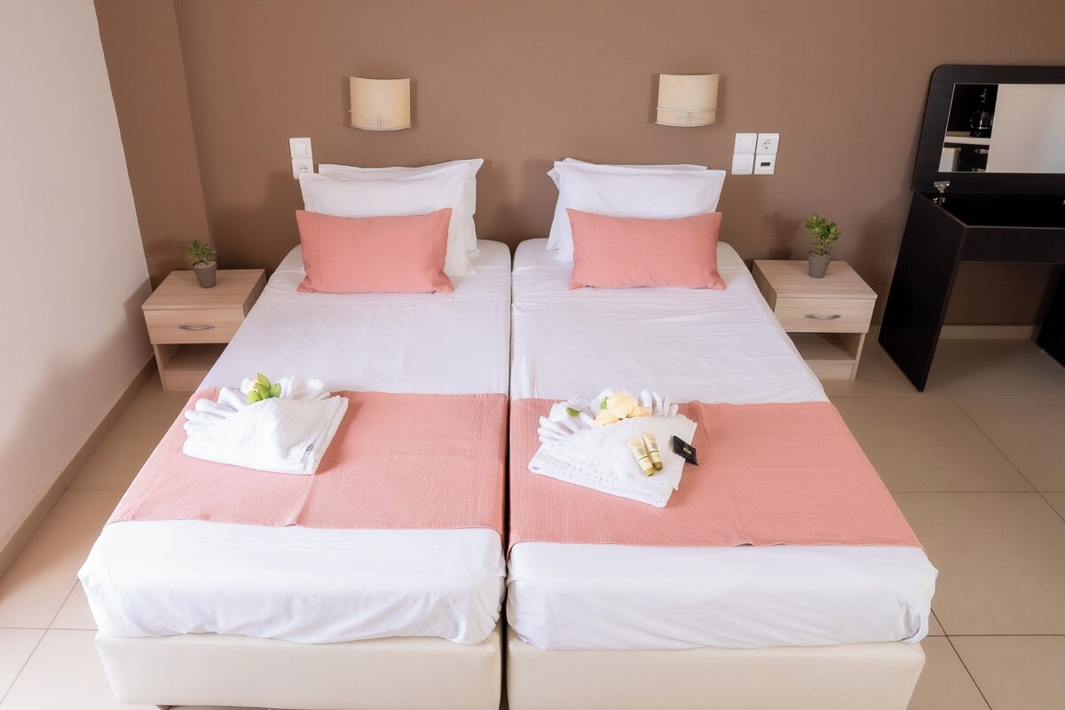 A twin room with two beds, each with white and pink bedding, a small bedside table with a lamp, and a potted plant.