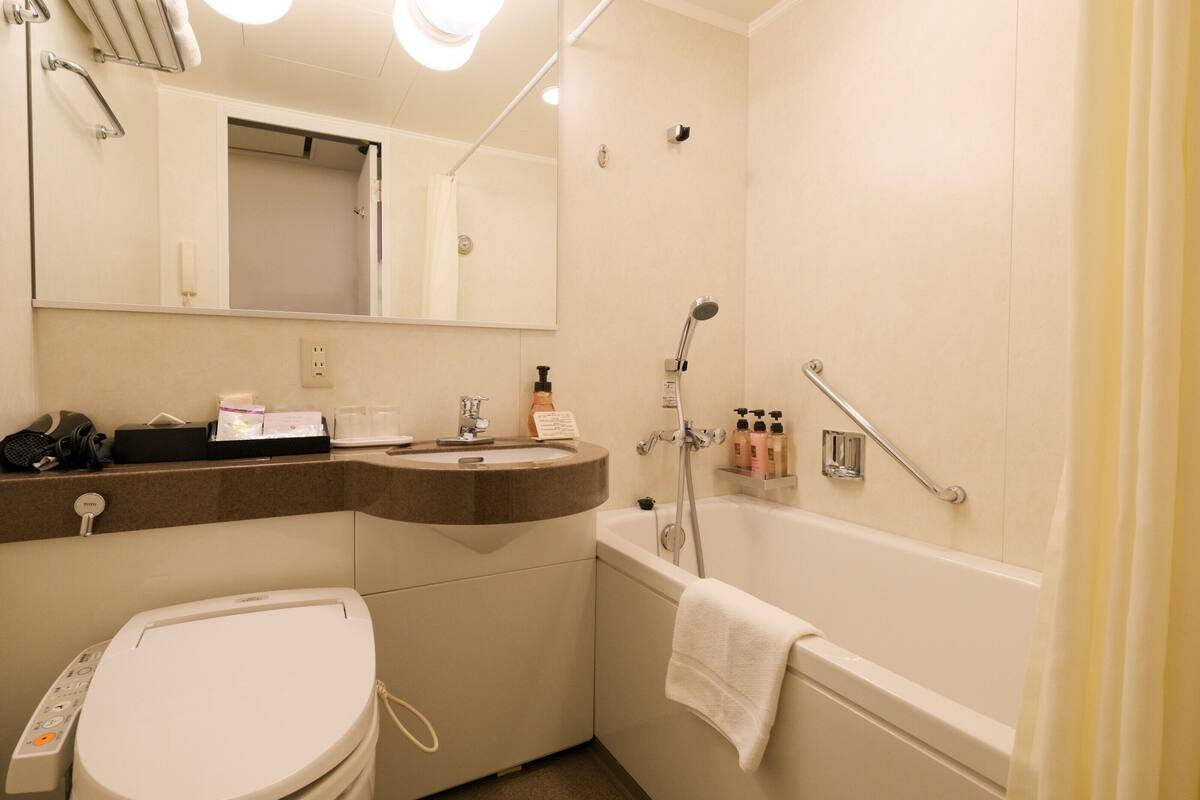 combined shower/bathtub, free toiletries, hair dryer, slippers