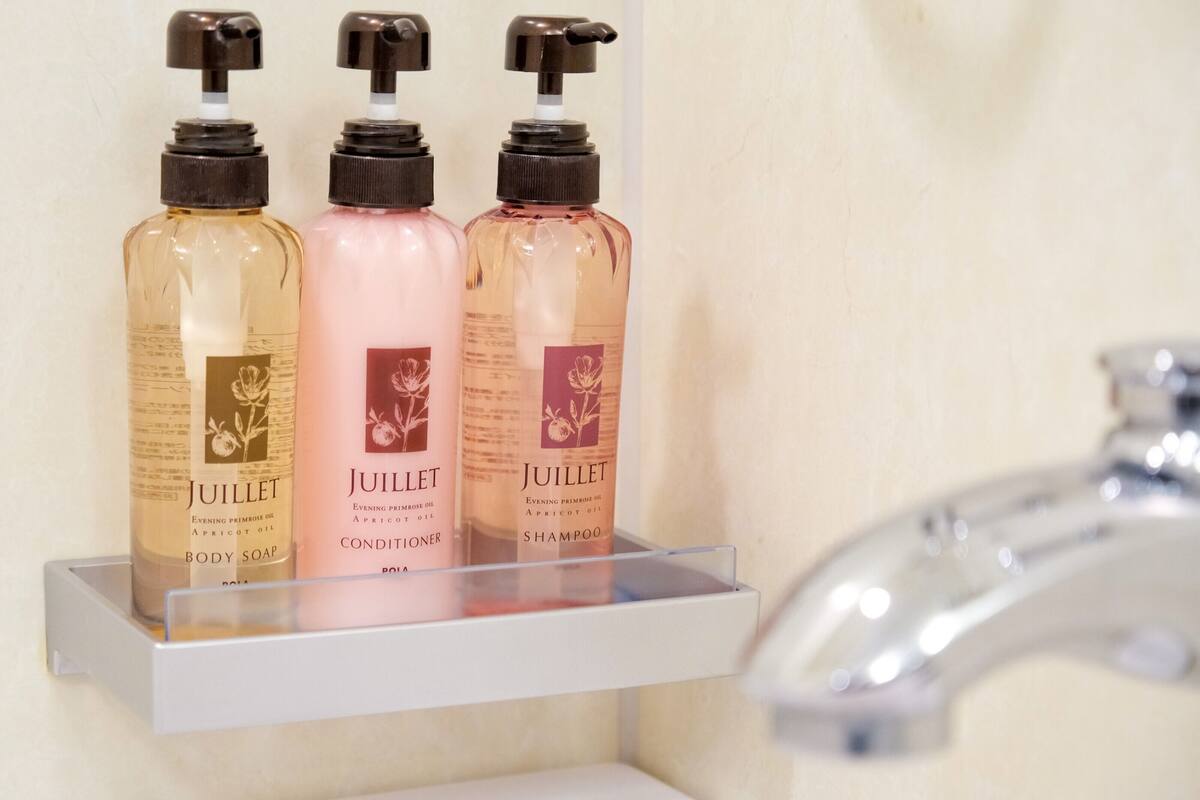 combined shower/bathtub, free toiletries, hair dryer, slippers