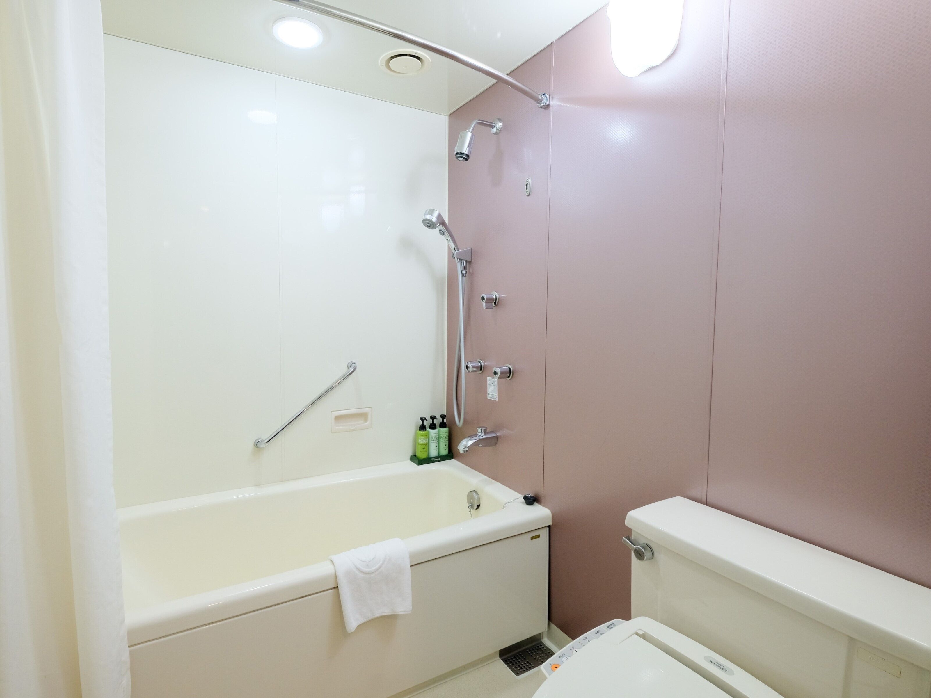 combined shower/bathtub, free toiletries, hair dryer, slippers