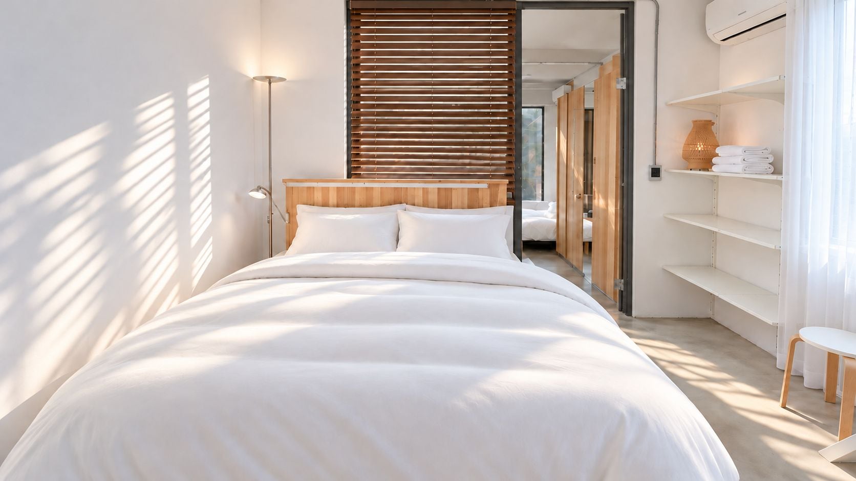 Un dormitorio moderno con una cama grande, cabecera de madera y armario empotrado.