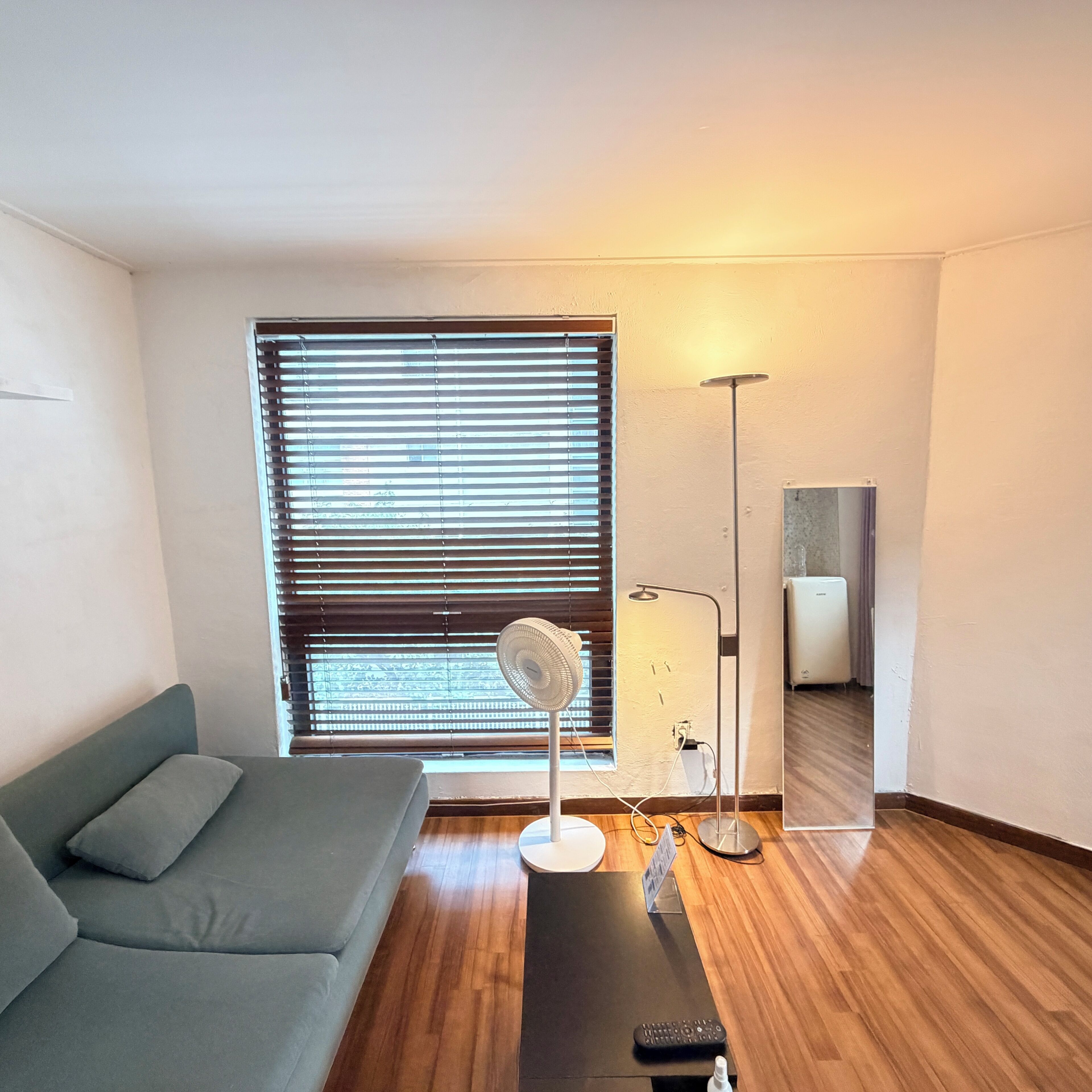 A modern living room with a sofa, a standing fan, a floor lamp, and a large window with blinds.