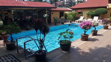 Outdoor pool, sun loungers