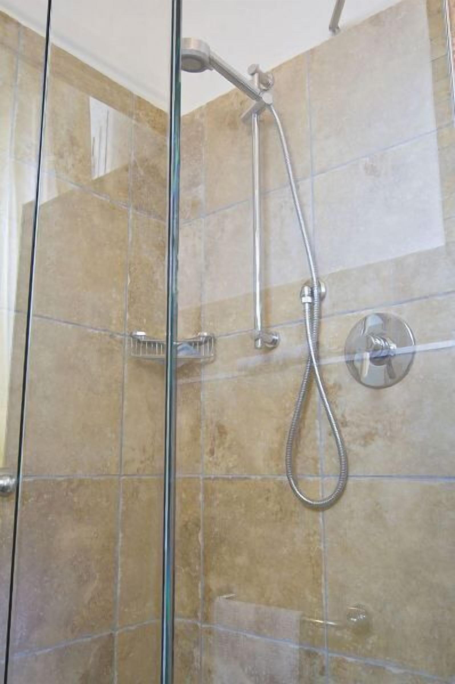 A glass-enclosed shower with a handheld showerhead and a fixed wall-mounted faucet.