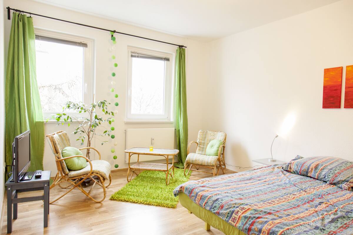 Estudio, 1 cama individual | Decoración personalizada y muebles diferentes