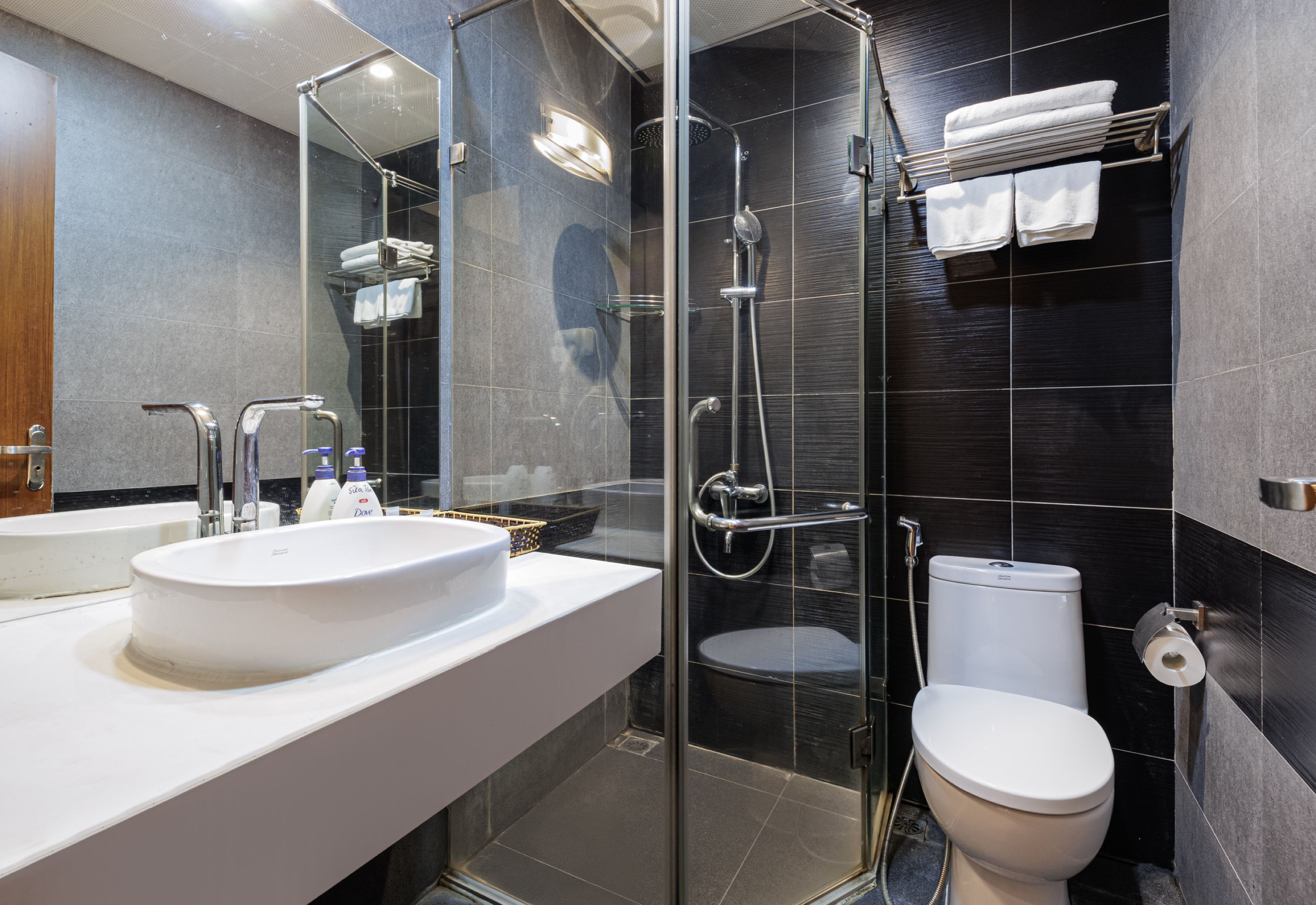 standard double room | bathroom | shower, rainfall showerhead, free toiletries, hair dryer