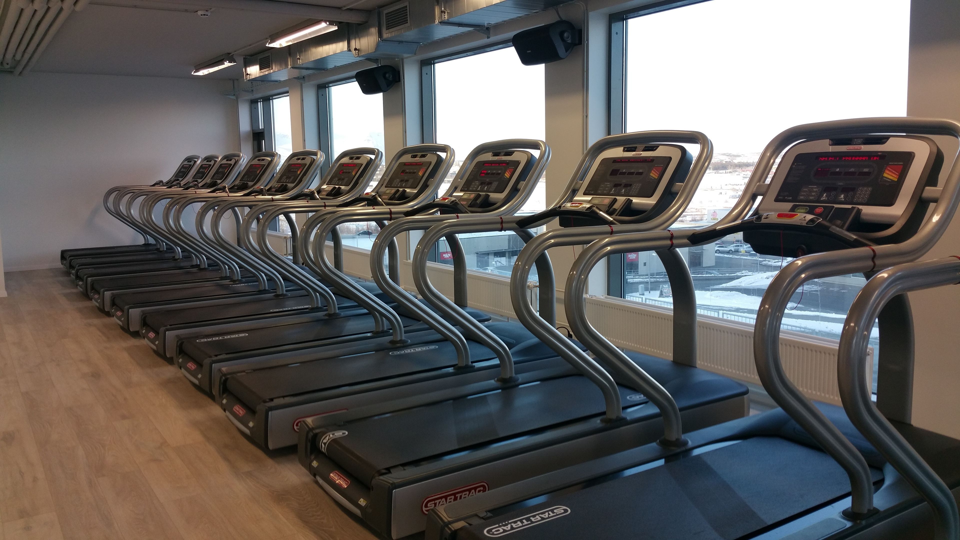 Varias cintas de correr en un gimnasio con ventanas amplias y vistas a un paisaje nevado.