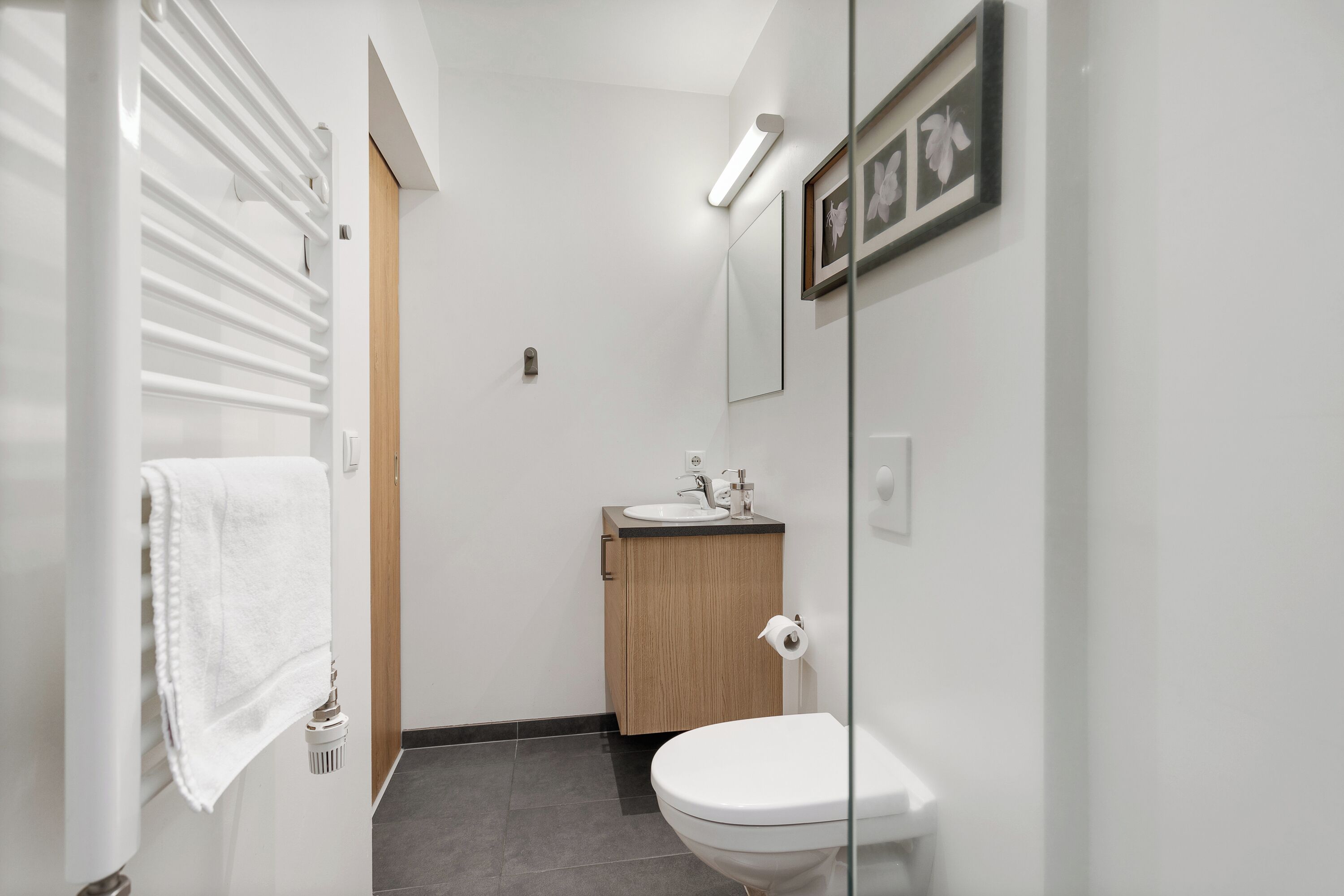 Et moderne badeværelse med toilet, håndvask og håndklædetørrer.