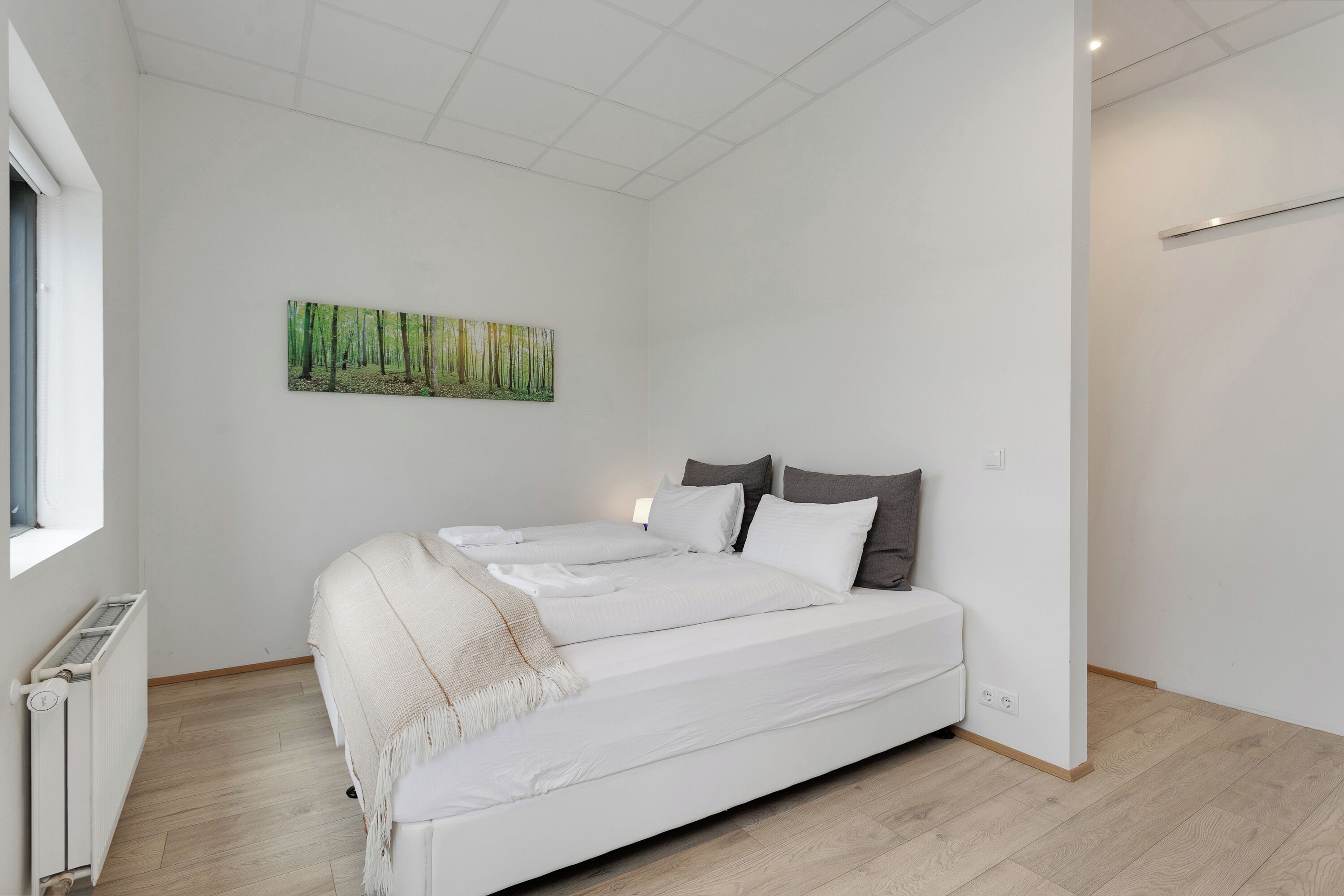 Een moderne slaapkamer met een groot bed, een radiator en een schilderij van een bos aan de muur.
