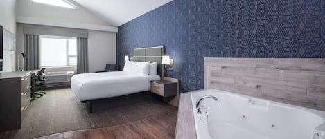 Premium bedding, desk, laptop workspace, blackout curtains