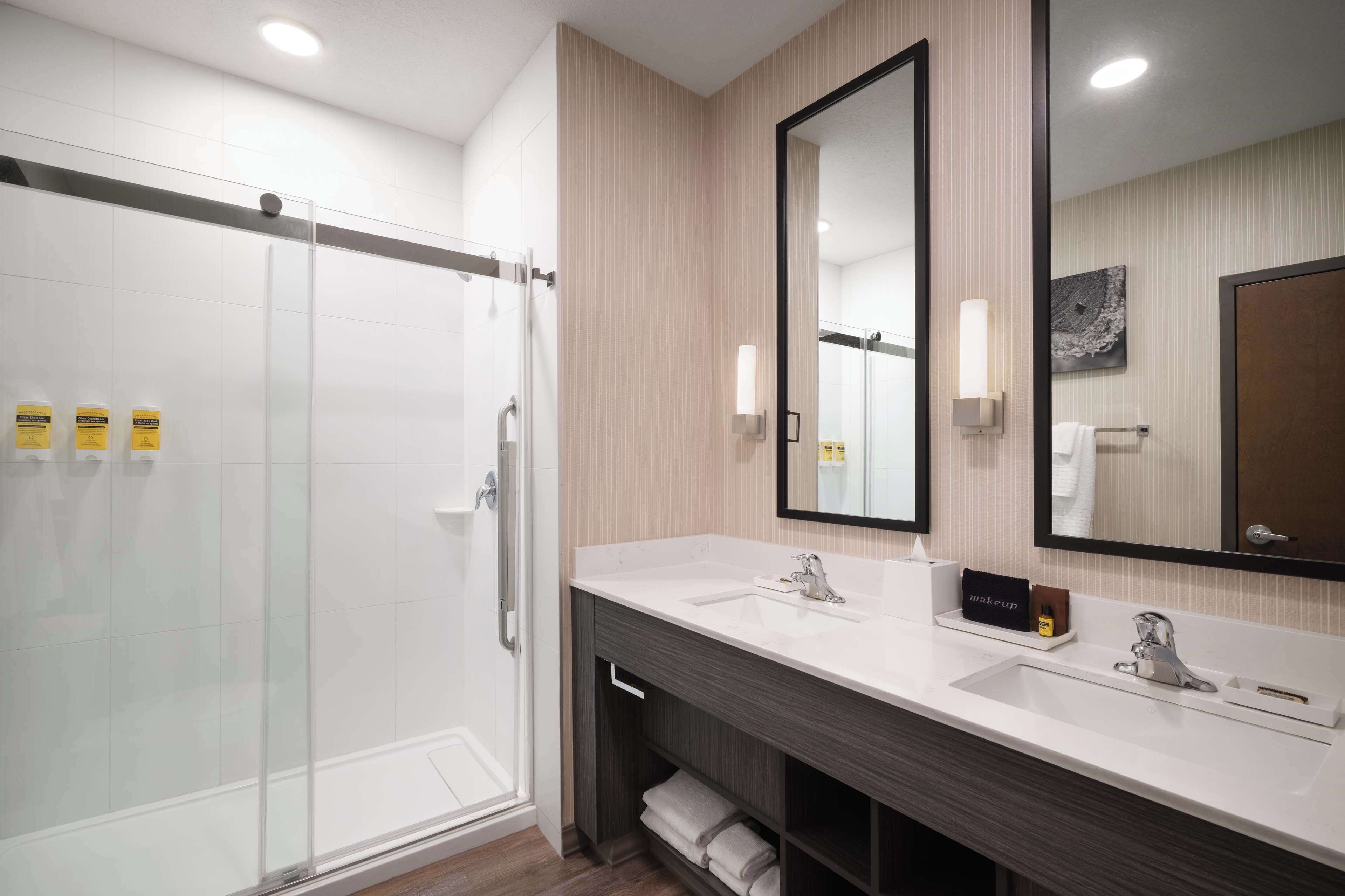 Une salle de bain moderne dotée d’une douche à parois de verre, de deux lavabos et d’un grand miroir.