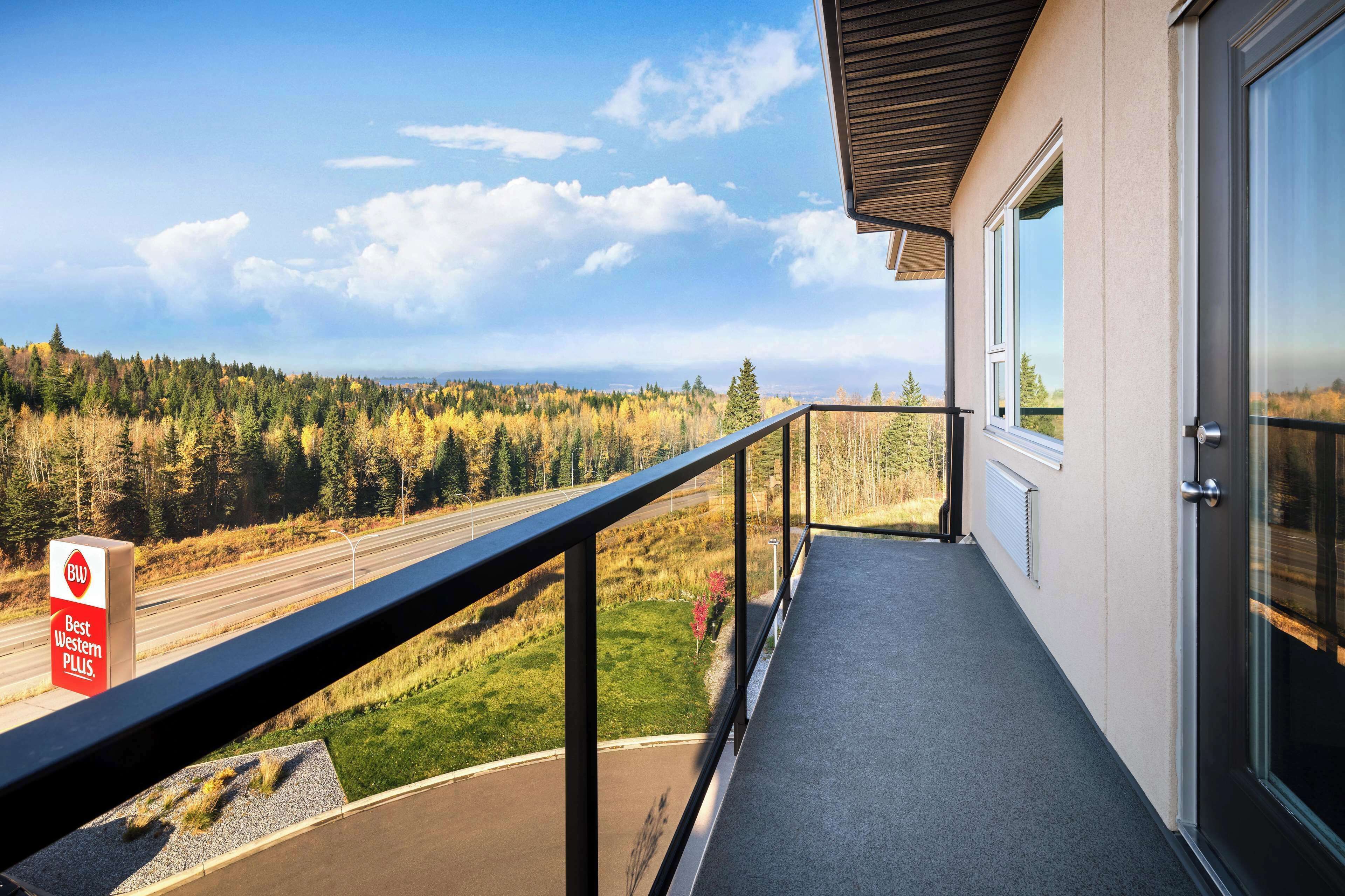 A balcony with a view of a forest and a road.