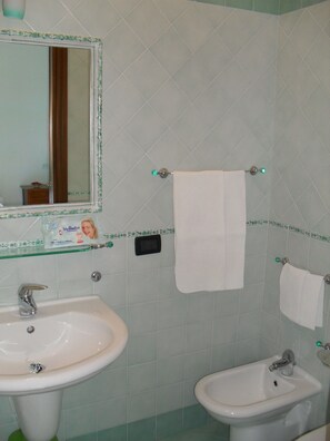 A bathroom with a sink, bidet, and a mirror.