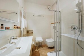 Hair dryer, bidet, towels, soap