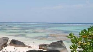 A beach with large rocks, a clear blue sea, and some greenery. - Kaz Ladouceur (La Digue)