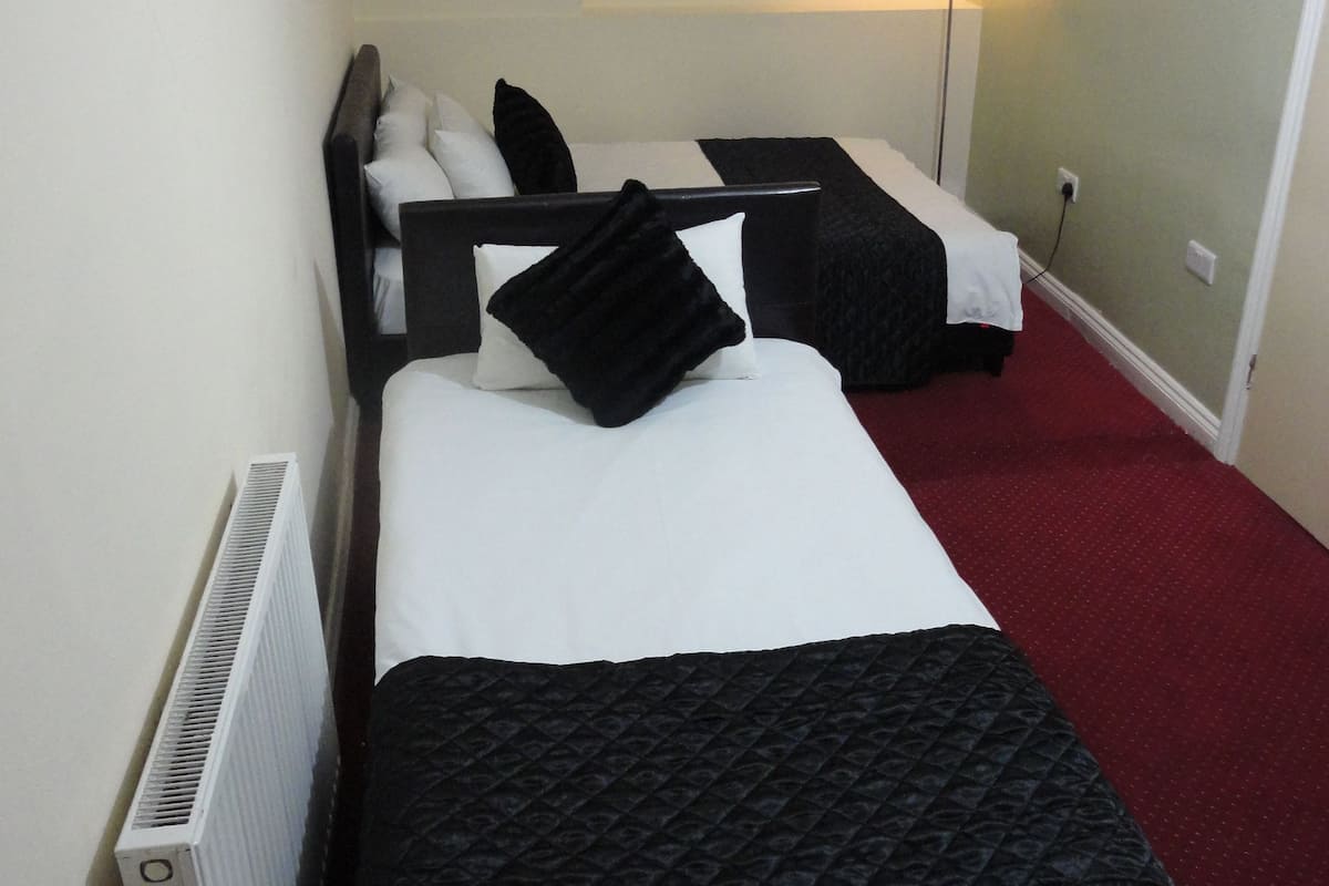 Habitación de hotel con dos camas, un radiador, una lámpara y una alfombra roja.