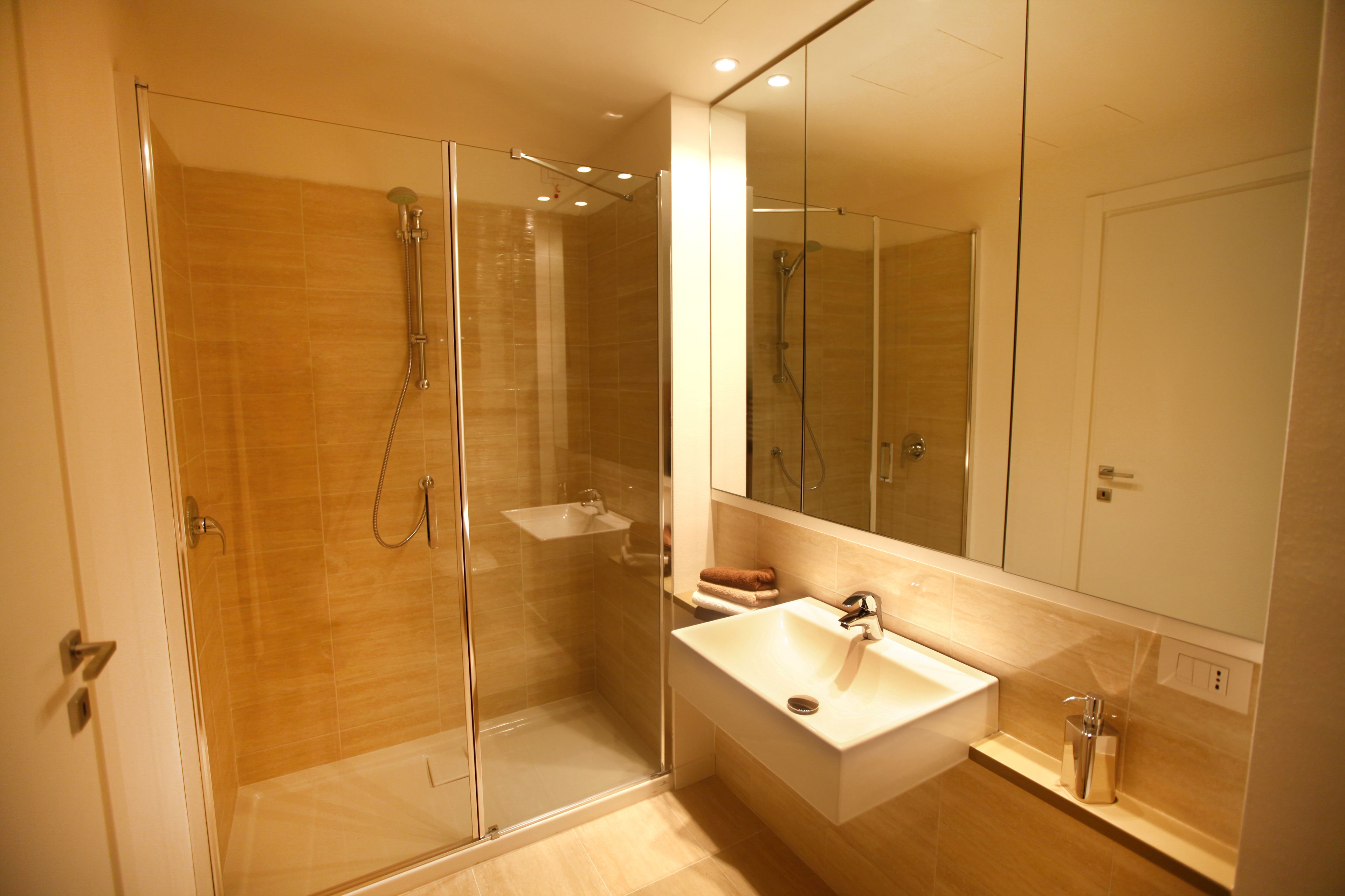 A modern bathroom with a glass-enclosed shower, a white sink, and a large mirror.