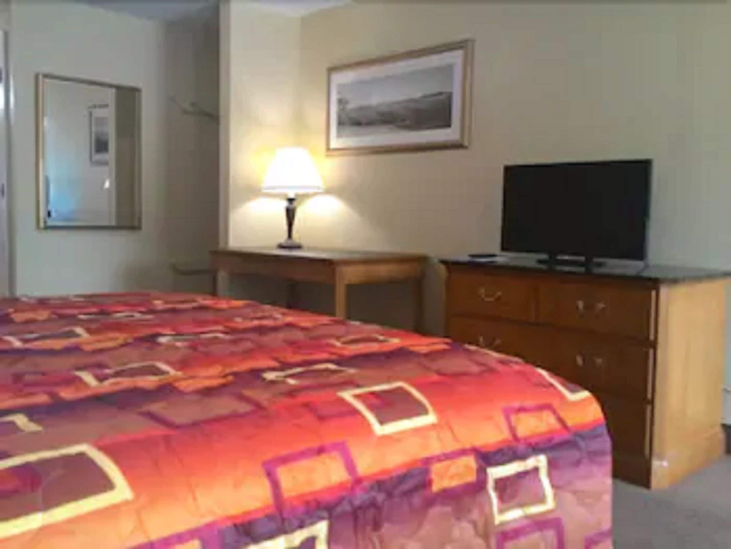 Une chambre d’hôtel avec un grand lit, une table de chevet en bois avec une lampe, un téléviseur posé sur une commode et un tableau encadré au mur.