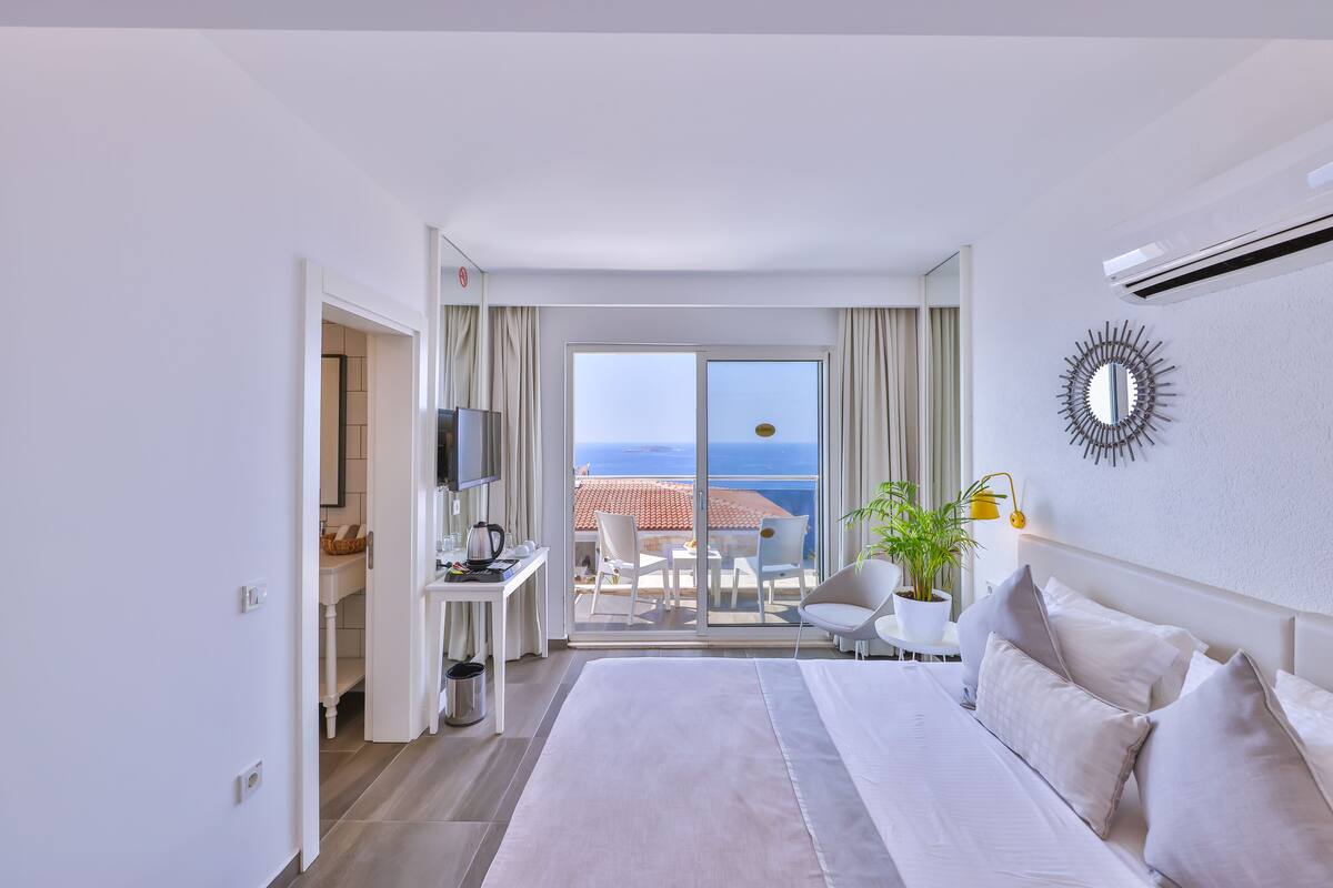 A hotel room with a large bed, a desk with a TV, a balcony with a view of the sea, and a potted plant.