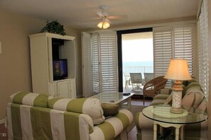 Standard Condo, 3 Bedrooms, 2 Bathrooms, Ocean View (706) | Living room | TV - Windward Pointe by Sugar Sands Realty (Orange Beach)