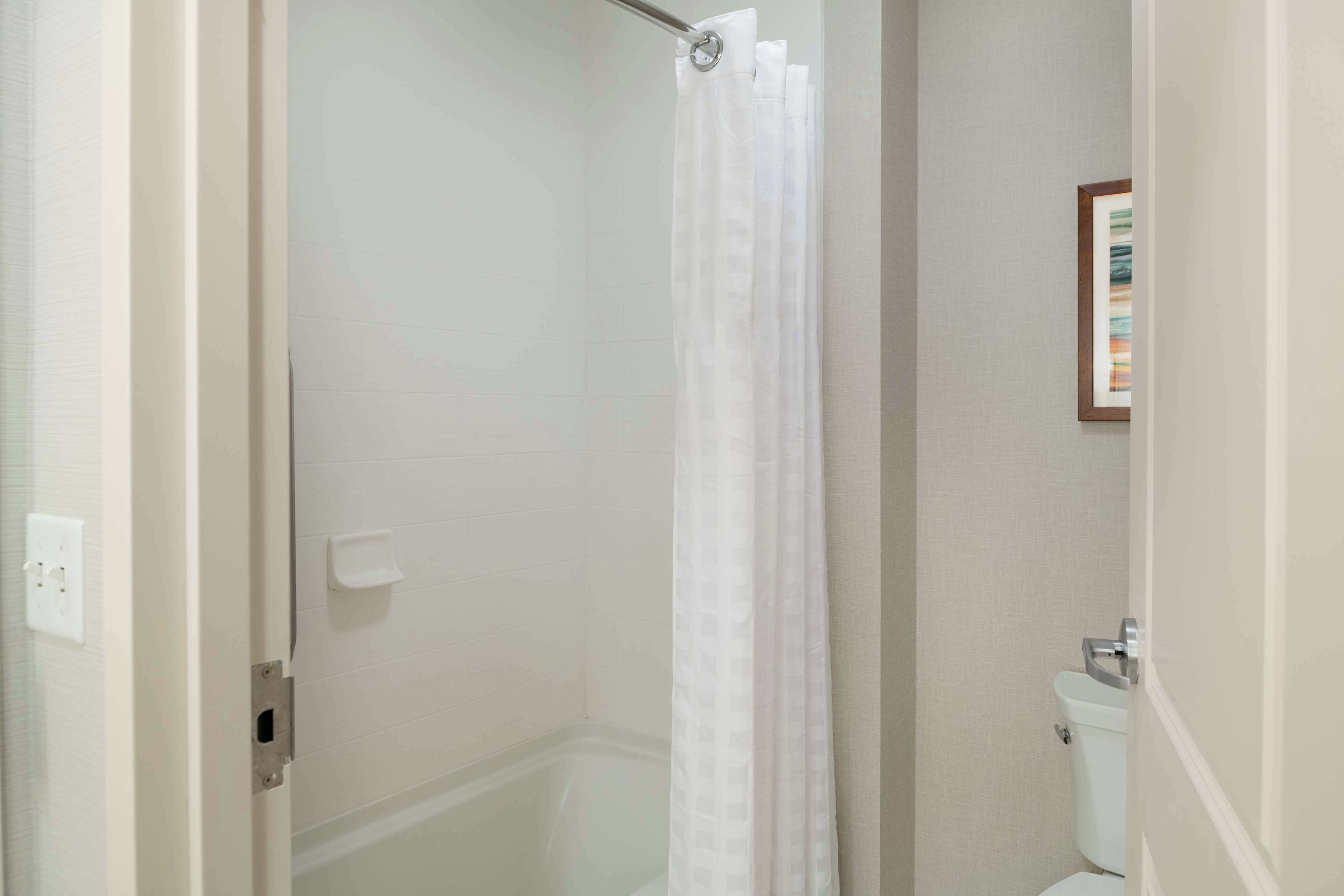 A bathroom with a shower, toilet, and a framed picture on the wall.