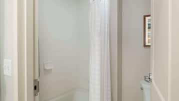 A bathroom with a shower, toilet, and a framed picture on the wall.