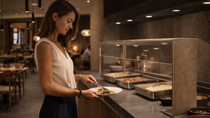 Zona de bufé con diferentes opciones de comida y una persona servándose.
