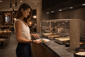 Ein Buffetbereich mit verschiedenen Speisen und einer Person, die sich bedient.