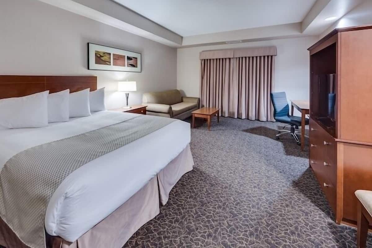 Una habitación de hotel con una cama grande, un escritorio, una silla, un televisor y un armario.